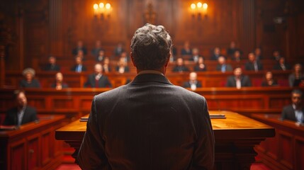 Fototapeta premium Man Standing in Front of a Crowded Courtroom