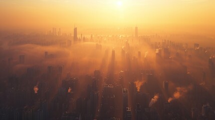 Distant View of a Polluted Cityscape Shrouded in Smog at Daybreak - obrazy, fototapety, plakaty