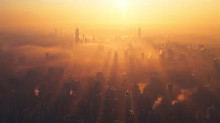 Zelfklevend Fotobehang Mistige ochtendstond Distant View of a Polluted Cityscape Shrouded in Smog at Daybreak