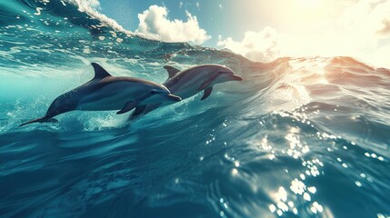 Graceful Dolphins Leaping Through Sunlit Waters at Sunset