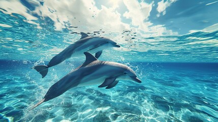 Graceful Dolphins Leaping Through Sunlit Waters at Sunset - obrazy, fototapety, plakaty