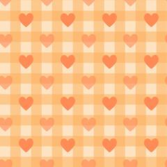 Gingham pattern and heart seamless Plaid repeat in peach. Design for print, tartan, gift wrap, textiles, checkered background for tablecloth