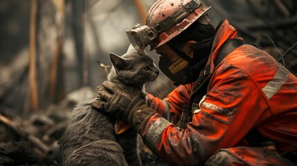 A firefighter wearing personal protective equipment holds a cat in his arms