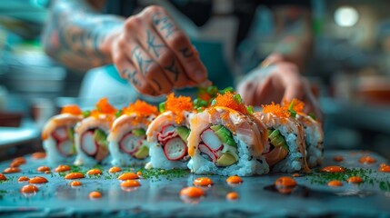 Person Cutting Up Sushi Roll on Table
