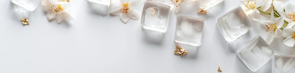 ice cubes with flowers background.