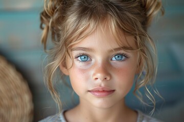 Striking close-up of a young girl's face, showcasing her captivating blue eyes and delicate features against a blurred background