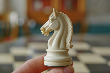 A close-up of a chess piece resembling a knight (horse) in hand. The concept of the knight's move. An unusual and unexpected move in a chess game.