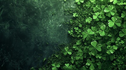 A rich overlay of green clover leaves covers a textured dark green background