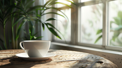 a white coffee cup sitting on top of a wooden table next to a window with a plant in the background - obrazy, fototapety, plakaty