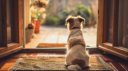 a small dog sitting on a door mat looking out the front door of a house - obrazy, fototapety, plakaty