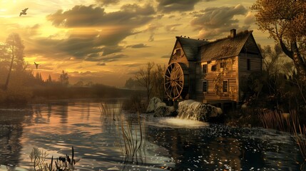 Water mill amidst river, blending into natural landscape