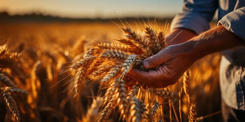 A man holds golden ears of wheat against the background of a ripening field. - obrazy, fototapety, plakaty
