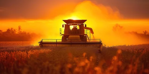 Photo sur Plexiglas Rouge violet Combine harvester dumps harvested wheat into truck. Farm scene. farming harvest season at sunset
