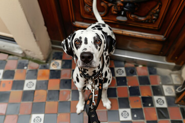 A Dalmatian dog sits on a taut leash, looking into the frame at its owner. The dog is asking to go for a walk. The dog eagerly anticipates a stroll with its owner.