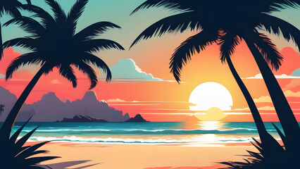Fototapeta na wymiar A tropical sunset with colorful palm trees, clouds and the sea. Bright picturesque beach landscape