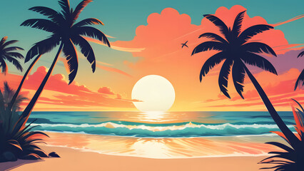 Fototapeta na wymiar A tropical sunset with colorful palm trees and clouds. Picturesque beach landscape with palm trees