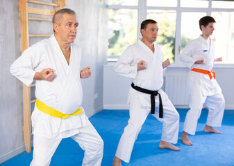 Elderly man with other athletes of different ages during karate or judo classes