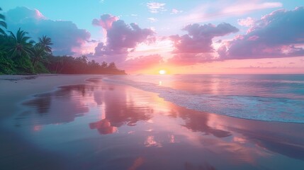 Fototapeta na wymiar The Sun Sets Over the Ocean on the Beach