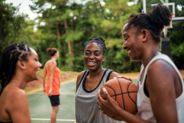 Candid moment of African American young women laughing together on a basketball court, symbolizing friendship and joy.