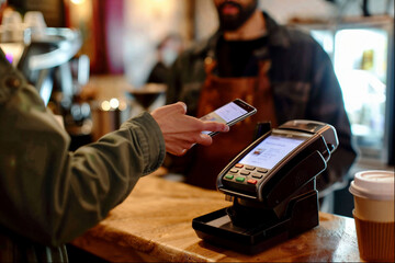 Closeup view of a man using a smartphone to make a contactless payment for coffee at a POS terminal, highlighting NFC technology in use.

