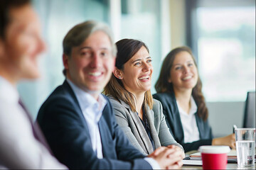 Candid shot from a business meeting capturing a Caucasian female in focus, her laughter echoing confidence among colleagues.

