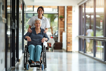 Female nurse compassionately assisting an elderly Caucasian patient in a wheelchair through a retirement home, showcasing professional medical care.

 - obrazy, fototapety, plakaty