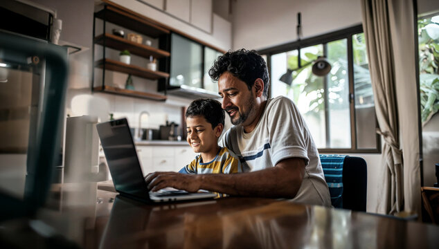 Indian father and young son enjoying bonding time over a laptop at home, engaging in fun and leisure activities.

