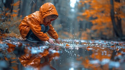 Child in Orange Raincoat Playing in Puddle