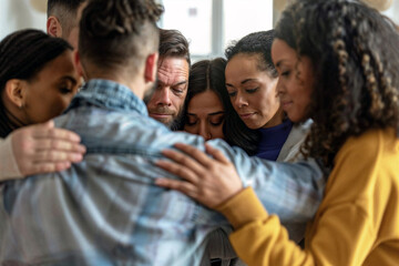 Fototapeta premium A group of diverse individuals comes together in a huddle or group hug, showcasing support, unity, and the strength of community.