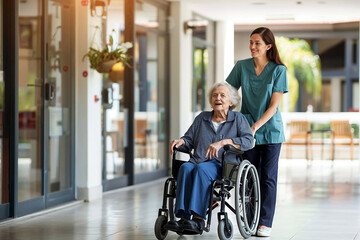 Obraz premium Female nurse compassionately assisting an elderly Caucasian patient in a wheelchair through a retirement home, showcasing professional medical care.