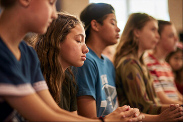 Candid shot of teenagers in a prayer group, displaying solemn expressions that capture a moment of deep spirituality and reflection.

