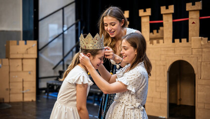 A young female teacher assists a female student in dressing up for a school play, capturing a candid moment of everyday educational life.

