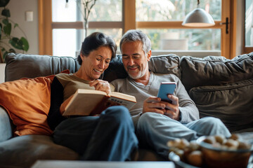 Elderly couple enjoys a relaxing weekend together, one reading a book and the other browsing on a smartphone, embodying leisure in retirement. - obrazy, fototapety, plakaty