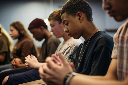 Candid shot of teenagers in a prayer group, displaying solemn expressions that capture a moment of deep spirituality and reflection.

