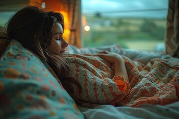 A young woman is captured enjoying a peaceful rest, wrapped in a vibrant quilt within a snug caravan