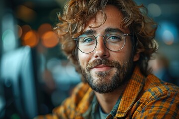 Close-up of a smiling man with curly hair and glasses, reflecting a friendly demeanor