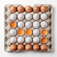 Fresh eggs with yolk on cardboard tray - 751847843