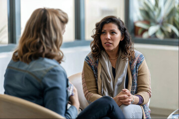 A woman engages in a serious discussion with her therapist, embodying vulnerability and concern, highlighting the importance of mental health support.

