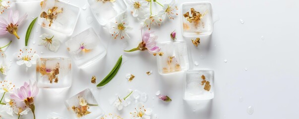 ice cubes with flowers background.