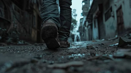 Fotobehang Close-up view of worn-out feet of exhausted tired man walking on an empty street © Zahid