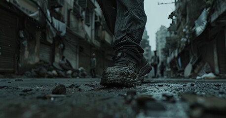 Close-up view of worn-out feet of exhausted tired man walking on an empty street - obrazy, fototapety, plakaty