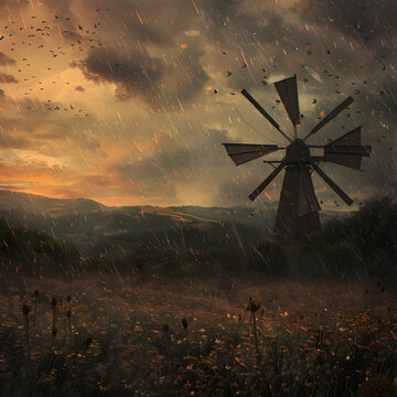 windmill in dramatic landscape