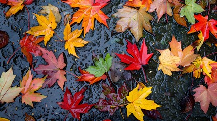 After rain maple leaves fall on the ground
