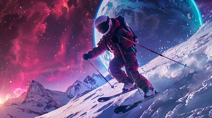 Hyper-realistic cyberpunk image of a male skier descending into lunar craters. Space and Earth are in the background - obrazy, fototapety, plakaty