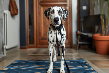 A Dalmatian dog sits on a taut leash, looking into the frame at its owner. The dog is asking to go for a walk. The dog eagerly anticipates a stroll with its owner.