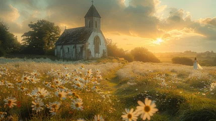 Deurstickers Church in Field With Daisies © ArtCookStudio