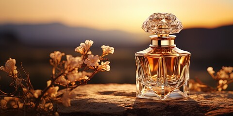 An elegant perfume bottle, its glass facets catching the golden tones of a setting sun, radiating luxury - obrazy, fototapety, plakaty