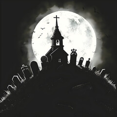 large moon silhouetting a church spire and graveyard - obrazy, fototapety, plakaty