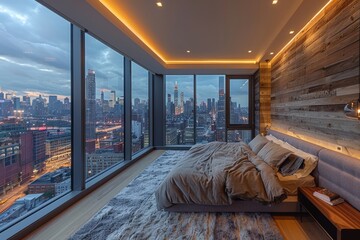 Contemporary farmhouse-style apartment bedroom with city skyline views