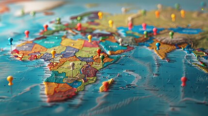 A world map on a flat plane with a primary focus. Colorful badges are attached to the capital of each country - obrazy, fototapety, plakaty